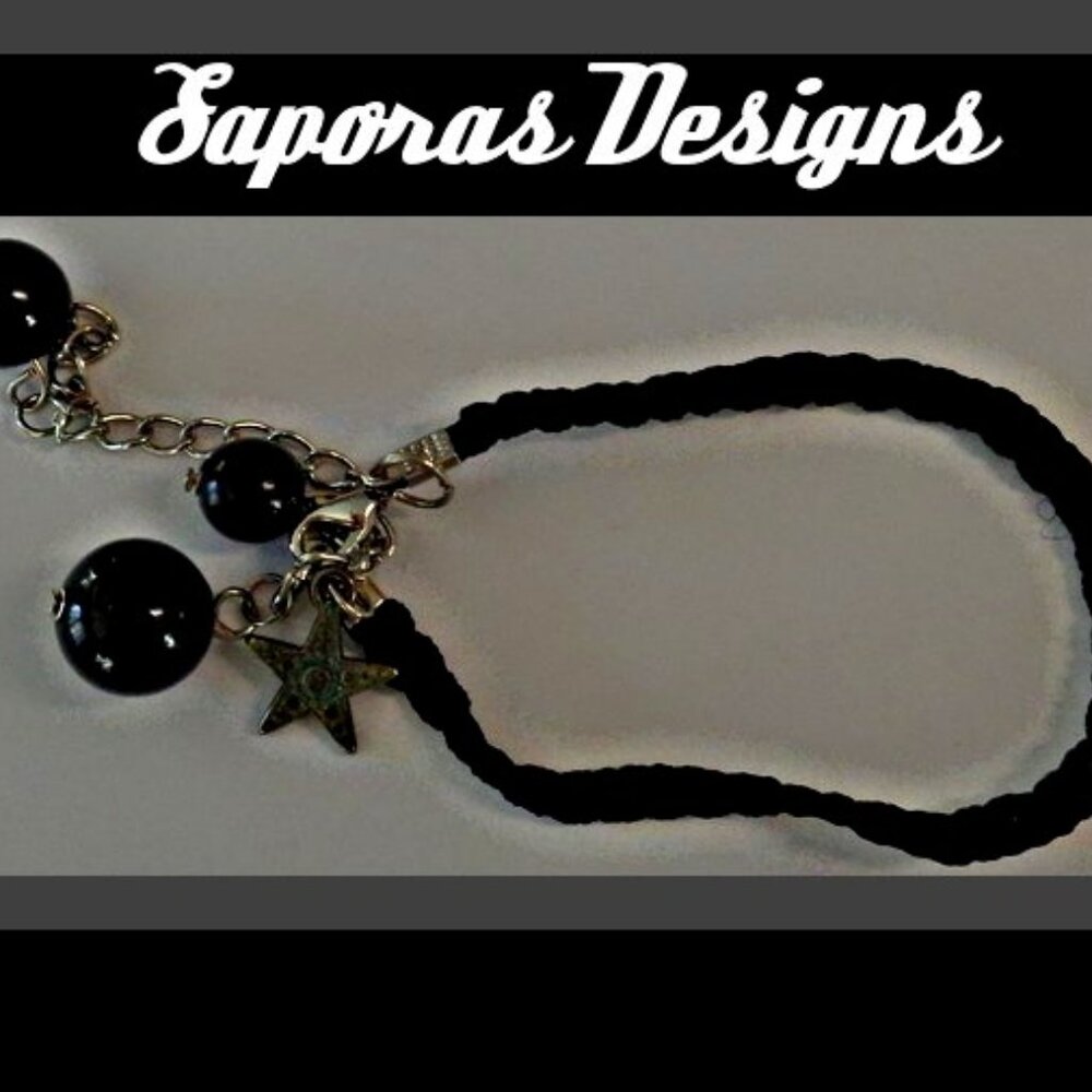 Handmade Black Braided Rope Bracelet With Black Beads & Vintage Silver Tone Star